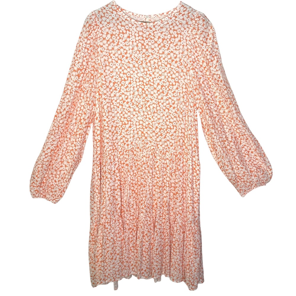 Orange Ditsy Floral Print Tiered Maxi Dress Womens L Flowy Cottagecore Boho